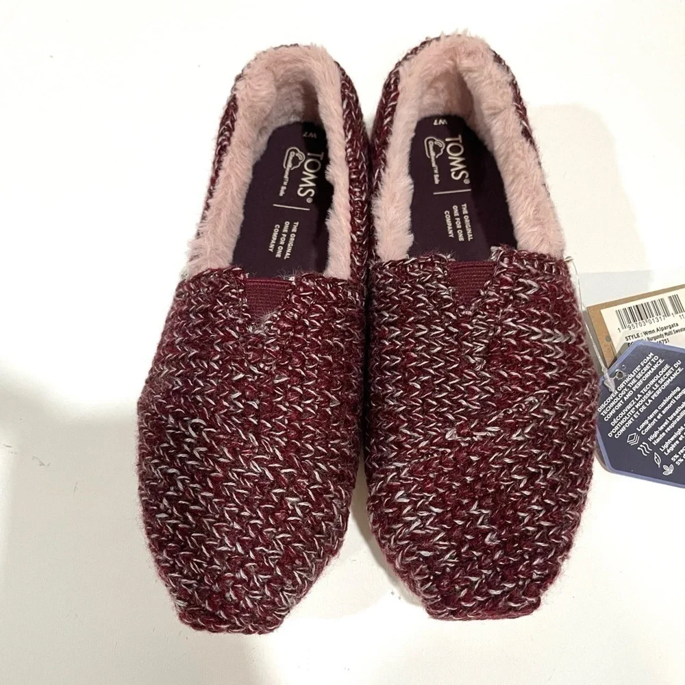 TOMS Womens Alpargata cozy Fleece Slip On Flats Casual - Red/ burgundy size 7